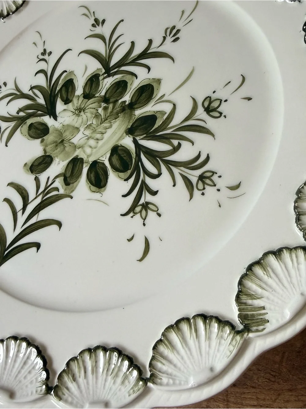 Vintage Cake Pedestal Stand Hand Painted Green Floral With Shell Edging Gorgeous